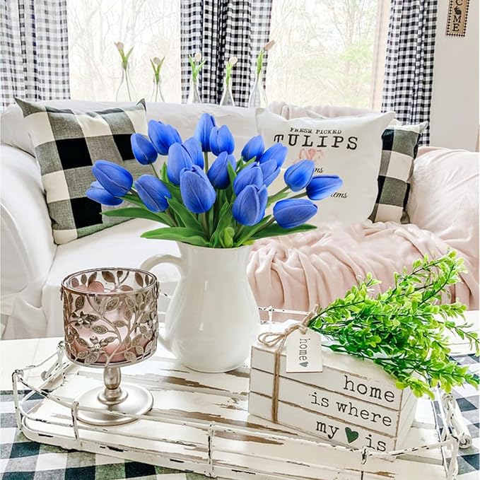 Beferr 18pcs Tulips Artificial Flowers Faux Tulip Real Touch Fake Flowers Bouquets Arrangements for Mothers Day Easter Spring Flowers Gifts Home Table Decor Blue