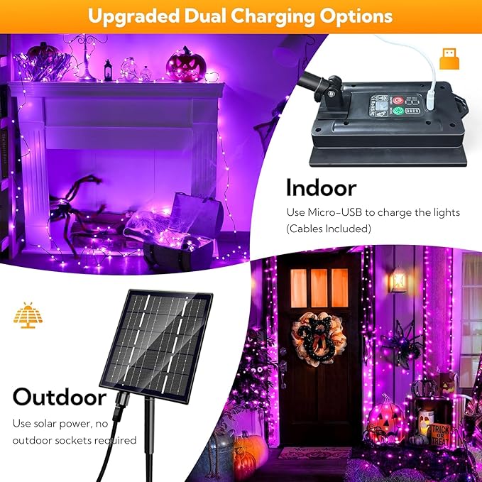 Halloween Decorations Lights, Solar String Outdoor Lights Purple 500LED Solar Outdoor Waterproof 19 Modes Decorations for Fence Balcony Holiday Party
