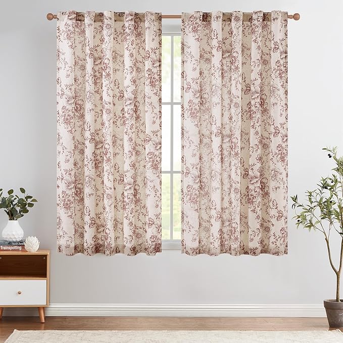 jinchan Linen Blend Curtain Floral Curtains for Living Room 63 Inch Length Brick Red Printed Curtain Rod Pocket Back Tab Farmhouse Peony Flower Patterned Drapes Bedroom Window Curtains Set 2 Panels