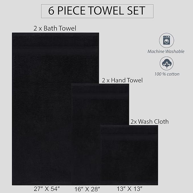 Quick-Dry, Soft & High Absorbent Bath Towels Cotton Turkish Bath Towel Set of 6 | Daily Use 100% Cotton Towels for Bathroom, Gym & More | Bathroom Towels Set (6 Pcs, Black)