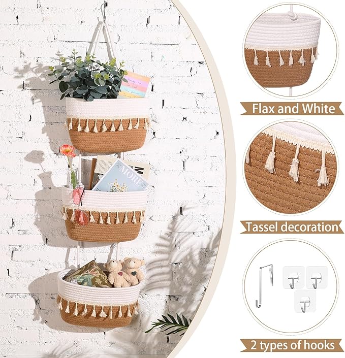 Over The Door Hanging Basket Boho Woven Wall Hanging Baskets 3-Tier Cotton Wall Mounted Storage Organizer Bag Macrame Decorative Hanging Baskets for Kitchen Laundry Room Stairs(White, Jute)