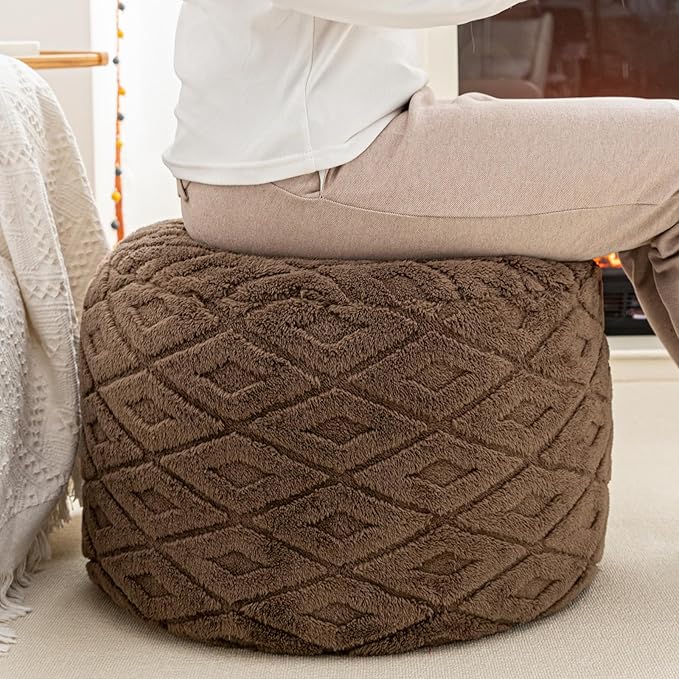 Round Pouf Ottoman Stuffed 20 x 20 x 14 Inches Boho Poof Foot Stool Home Decor Floor Pouffe Ottoman Foot Rest for Couch Sofa Bean Bag Chairs Living Room Bedroom (Dark Coffee)