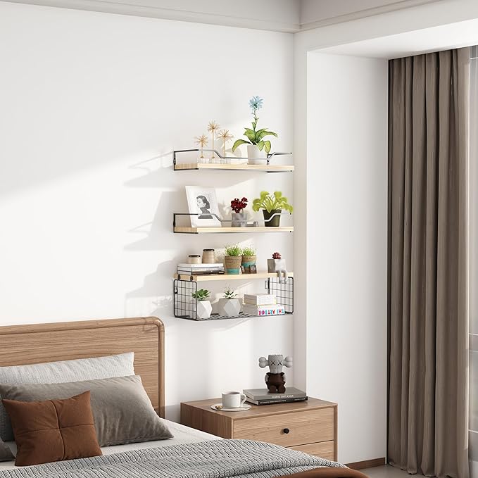 Floating Shelves Wall Mounted,Wood Bathroom Shelf Over Toilet with Paper Storage Basket, Wall Decor Farmhouse Floating Shelf for Bedroom, Living Room, Kitchen,Office (Light Rustic)