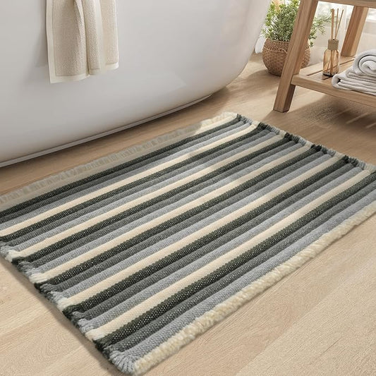 tchdio Striped Bath Mat Rug, Super Absorbent Non Slip Bath Mats for Bathroom Floor 3D Woven Gradient Bathroom Mat with Tassels Machine Washable Bathroom Rugs Beside Tub, 17" x 24", Green