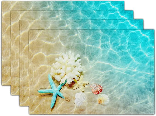 Giwawa Ocean Starfish Placemats Set of 4, Nautical Seashell Coral Coastal Linen Table Place Mats for Kitchen Dining Summer Aquatic Life Decoration, Non-Slip Heat-Resistant Washable, 12" x 18"
