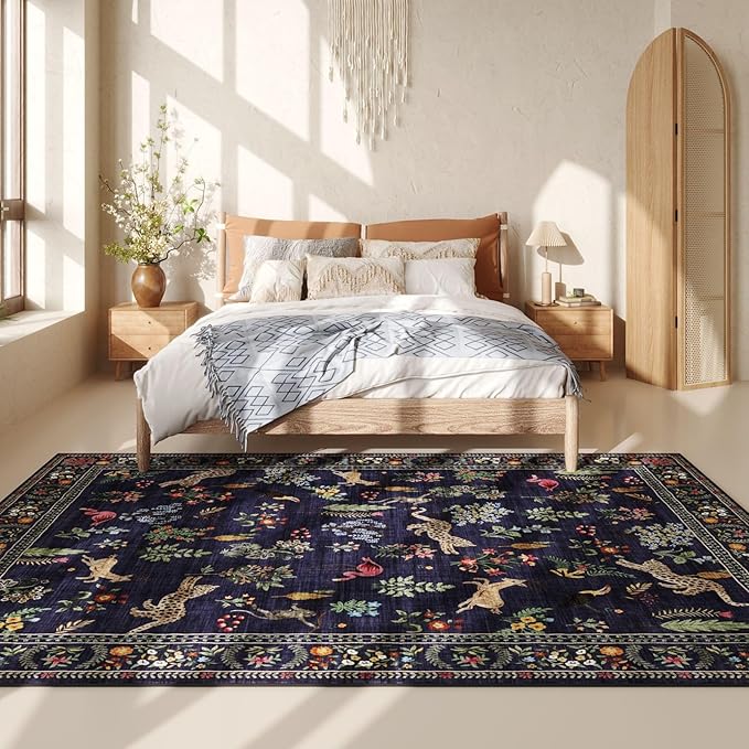 Living Room Rug 5x7 Rug Machine Washable Boho Area Rug Non Slip Floral Animal Vintage Low Pile Large Rugs for Living Room, Bedroom, Farmhouse, Dining Room, Kids Playroom (Blue)