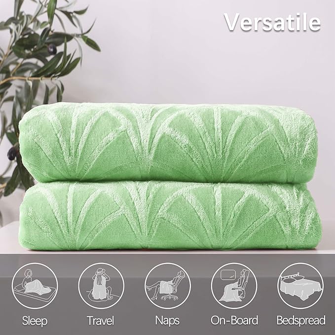 Whale Flotilla Flannel Fleece Queen Size Blanket for Bed, Soft Fluffy Velvet Bedspread Coverlet with Decorative Vintage Pattern for All Season, Warm and Lightweight, 90x90 Inch, Light Green