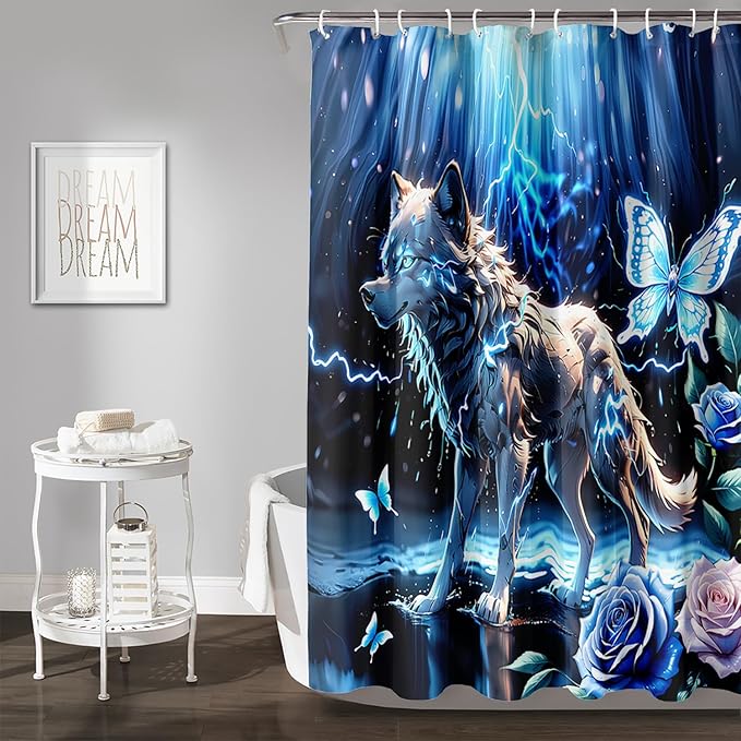 AILONEN Lightning Wolf Shower Curtain for Bathroom,3D Print Glowing Wolf Print Bath Curtain for Boys Men Kids,Raining Wolf Waterproof Bathroom Decor Blue Curtain with 12 Plastic Hooks, 60" W*72" H