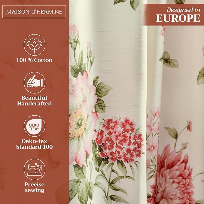 Maison d' Hermine Curtains for Living Room 100% Cotton 84 inch Length Two Panels Light Filtering Curtains for Bedroom Windows with Rod and Loop Pockets Drapes (Swyncombe Coral, 50" W x 84" L)