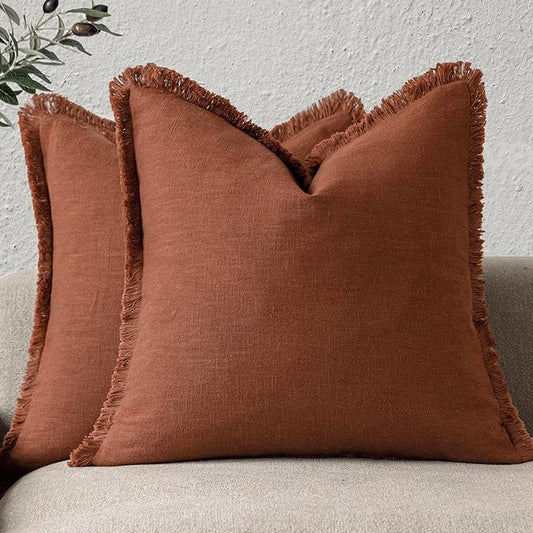 Foindtower Set of 2 Decorative Linen Fringe Throw Pillow Covers Farmhouse Cushion Cover with Tassels Soft Accent Pillowcase for Couch Chair Sofa Bed Living Room Home Decor,18×18 Inch,Fall Rust Orange