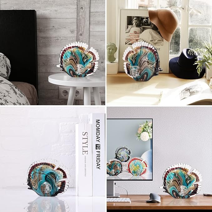 DOVDOV Blown Glass Fish Statues and Sculptures, Green and Glass Fish Modern Art for Coastal Style Home Decor, Shelves Office Fish Tank Bookcase and entryway Table top Coffee Table.