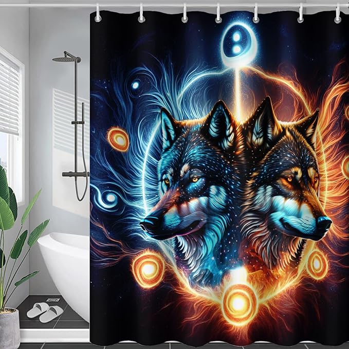 AILONEN Boys Wolf Shower Curtains, Animal Wolf Print Shower Curtain for Boys Kids Bathroom Decor,Modern Abstract Black Bath Curtain 72" W*96" H Decor with 12 Plastic Hooks
