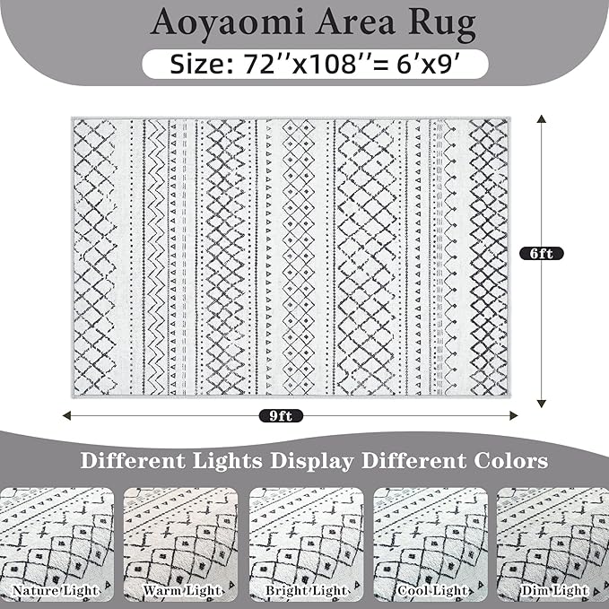 Area Rug for Living Room 6x9: Large Washable Boho Moroccan Rugs Geometric Neutral Rug, Non-Slip Foldable Morden Farmhouse Indoor Floor Carpet for Bedroom Dining Table Home(Black,6'X9')