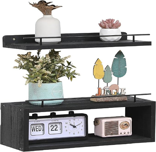WONFUlity Bathroom Wall Shelves With Storage Basket, Over Toilet Paper Holder, Farmhouse Wood for Living Room, Bedroom, Kitchen, Wall Decor (2 Black)