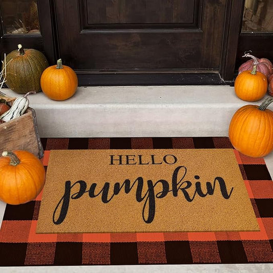 2 Pcs Fall Door Mat Combo Set Imitation Coir Welcome Mat, 43" x 28" Buffalo Plaid Rug Outdoor for Fall Halloween Thanksgiving Rustic Farmhouse Indoor Autumn Mats Hello Pumpkin (Orange and Black Plaid)