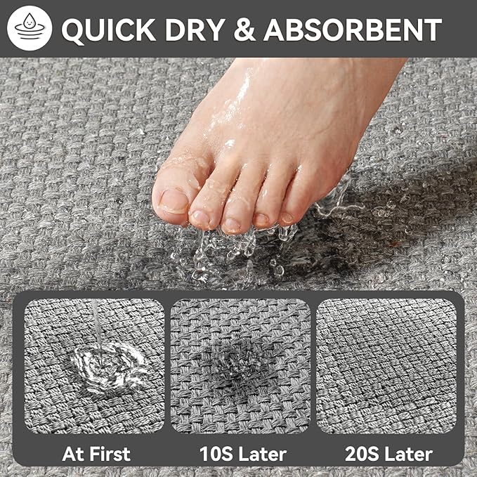 Bath Mat Bathroom Rugs Non Slip Washable, Soft Jute-Like Ultra Thin Bath Mats, Rubber Backing Super Absorbent Quick Dry Thin Bath Rug Shower Mat Fit Under Door Bathroom Tub Floor, Gray 20" x 32"
