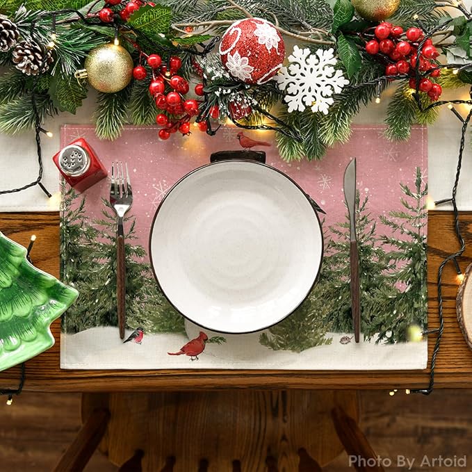 Artoid Mode Snowman Birds Trees Christmas Placemats Set of 4, 12x18 Inch Seasonal Pink Winter Holiday Table Mats for Party Kitchen Dining Decoration