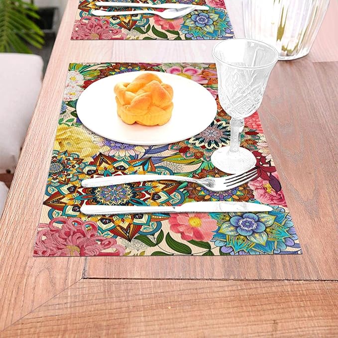 Boho Floral Placemats Set of 4, Colorful Flowers Decorative Dining Table Mats 12"x18", Washable Place Mat for Kitchen Dining Holiday Party Home Decor, House Warming Gifts for New Home Women
