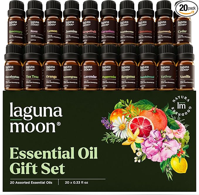 Essential Oils Set - Top 20 Gift Set Oils for Diffusers, Humidifiers, Aromatherapy, Candle Making Scents, Cars & Home Products - Peppermint, Tea Tree, Lavender, Eucalyptus, Lemongrass (10mL)