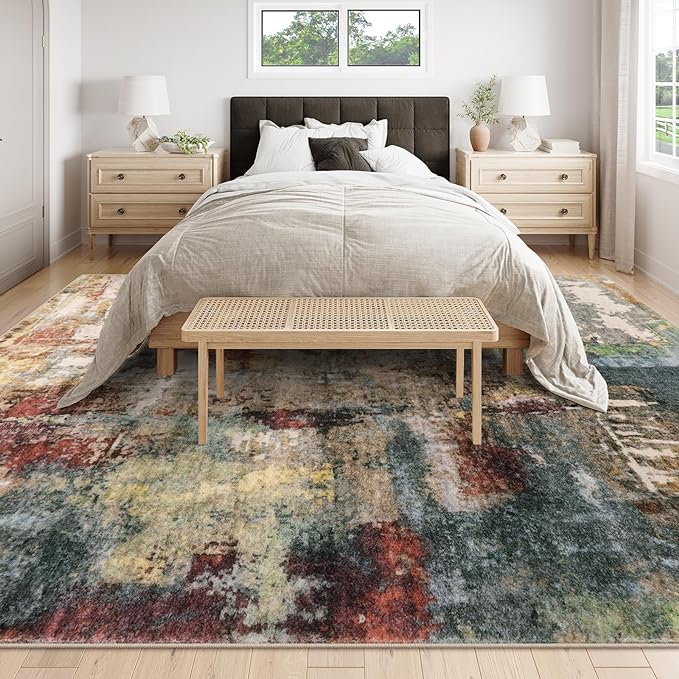 Lahome Modern Abstract 10x14 Area Rugs for Living Room, Large Washable Living Room Rug Low Pile Non Slip, Soft Accent Carpet for Bedroom Dining Room Table Home Decor Use, Red/Multi