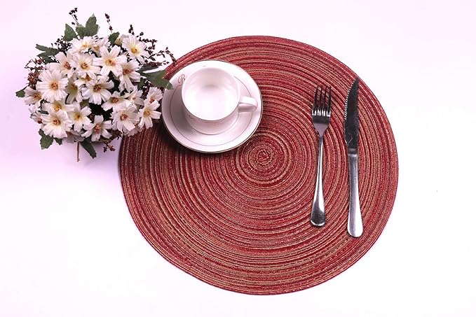 Topotdor 14 Inch Round Placemats Heat-Resistant Stain Resistant Anti-Skid Washable Polyproplene Table Mats Placemats (Burgundy Multi Color, Set of 6)
