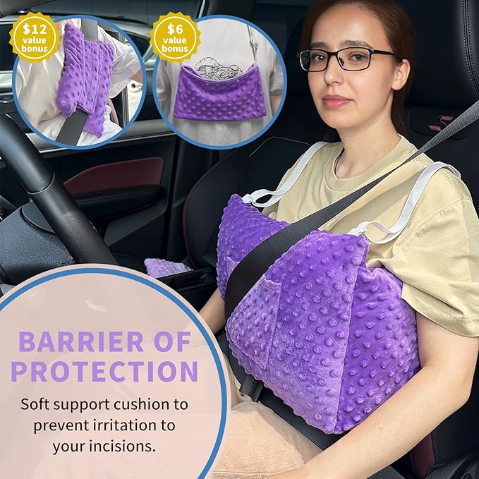 Post Mastectomy Pillow-Breast Cancer Surgery, Breast Reduction&Augmentation Patients AfterMastectomy Recovery Must Haves Breast pillow with Seatbelt Protection&shower Lanyard-Surgery Gift(Lavender)