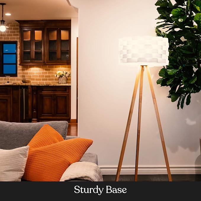 Brightech Bijou LED Floor Lamp, Standing Lamp for Bedroom Reading, Tripod Lamp for Living Rooms & Offices, Great Living Room Décor, Bohemian & Vintage Tall Lamp With Soft Light Bulbs - Natural Wood