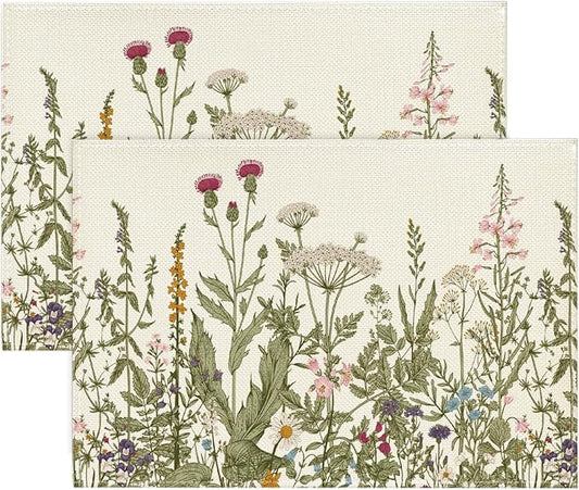 Artoid Mode Antique Herbs and Wild Flowers Spring Placemats Set of 2, 12x18 Inch Seasonal Summer Table Mats for Party Kitchen Dining Decoration