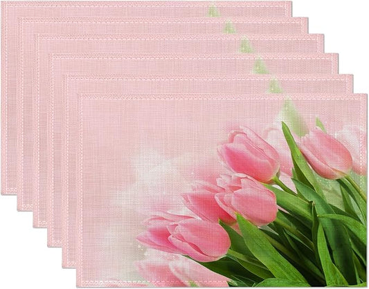 Glitter Pink Tulip Flower Placemats Set of 6, Placemats 12x18 Inch Waterproof Non-Slip Washable Table Mats for Kitchen Dining Party Table Decor,Set of 6