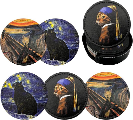 Cat Art Coasters for Drinks with Holder Leather Coasters Set of 6 for Coffee Table