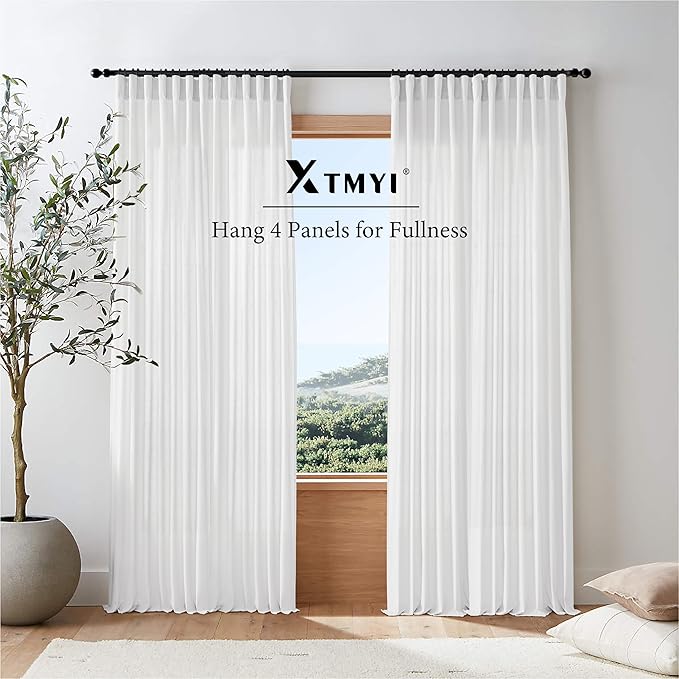 White Linen Curtains 102 Inches Long 2 Panels Back Tab Hook Pleated Rod Pocket Cotton Polyester Blend Light Filtering Semi Sheer Curtain Drapes for Bedroom Living Room,Total 100 In Wide 8.5FT Length