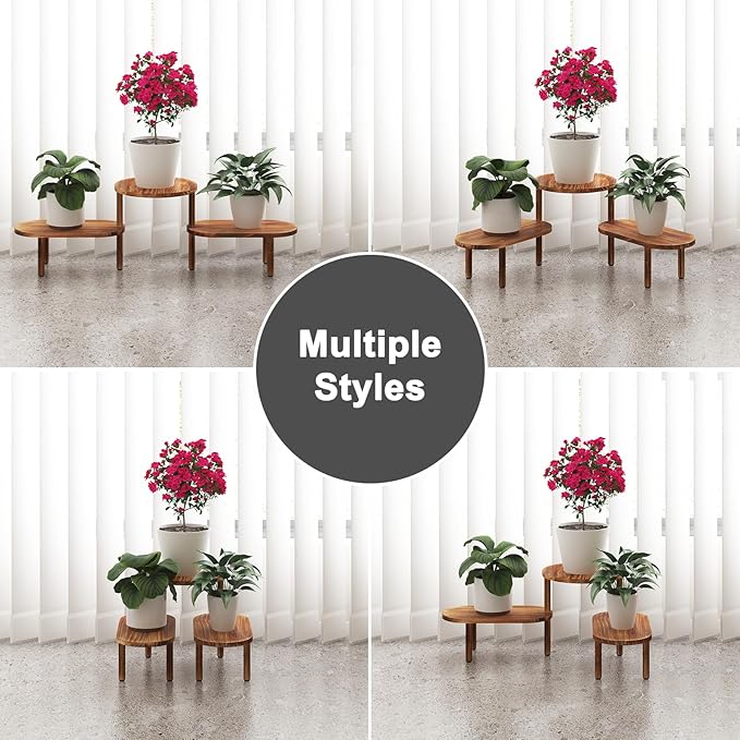 Convex Plant Stand Indoor,3 Tier Wooden Plant Holder Deformable Long Flower Pot Stand Corner Low Plant Shelf for Patio Balcony Living Room Office