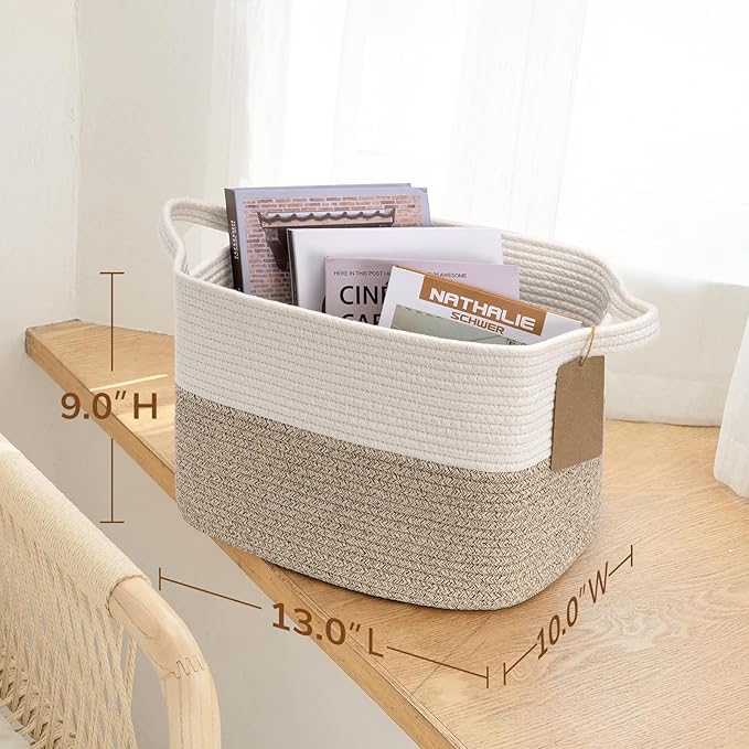 Goodpick Woven Storage Basket for Shelves, Cotton Rope Dog Toy Bin, Empty Gift Basket with Handles, Square Baskets for Storage, Brown and White Storage Bin, 13 x 10 x 9 Inches