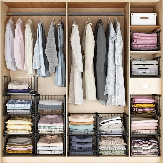 4-tier Sliding Closet Organizers and Drawer Storage Shelves, Stackable Bins for Jean Pants Sweaters, Metal Drawer Slid Clothes Storage Container, Closet Organizers for Clothes-Black
