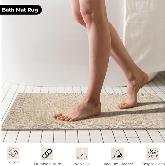 Bedding Craft Bathroom Matts, Bath Mat Rug, Bathroom Rug Mat, Cotton Rugs White, Reversible White Cotton Bath Mat Rug, Water Absorbent Cloth Bathmat for Outside Bathtub, Machine Washable 21x34 Linen