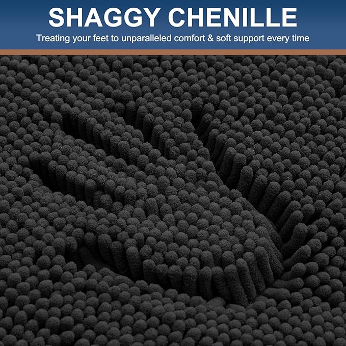 Smiry Luxury Chenille Bathroom Rugs 40x32, Extra Soft and Absorbent Shaggy Bath Mat, Machine Washable, Non-Slip Plush Carpet Runner for Tub, Shower, and Floor, Home Decor Accessories, Black