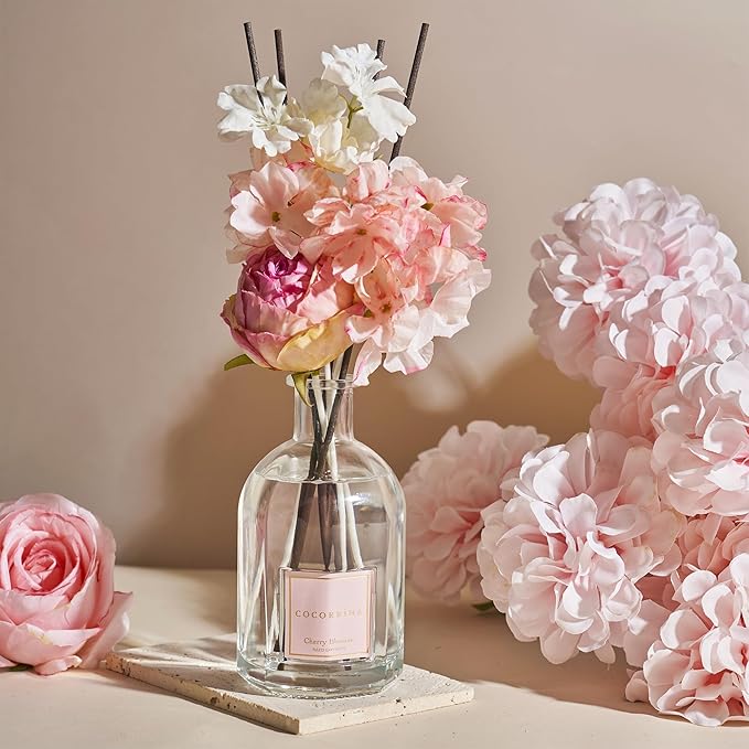 COCORRÍNA Reed Diffuser - Cherry Blossom 8.5 Fl.oz/ 250ml Flower Diffuser with 8 Sticks, Reed Diffusers for Home Bathroom Shelf Decor (Botanical Flower Collection)