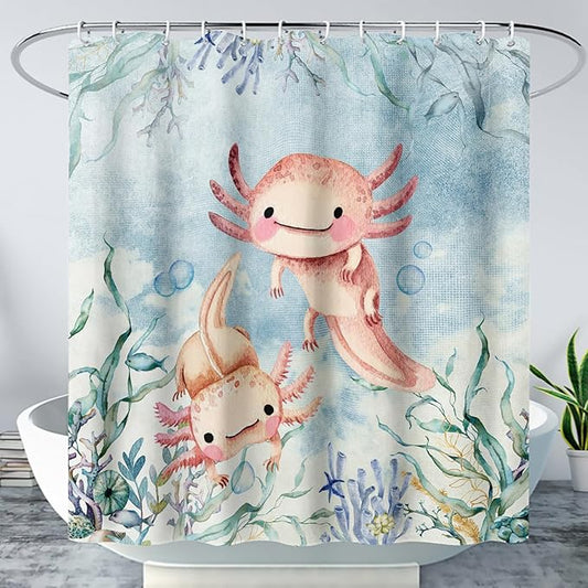AILONEN Cute Axolotl Shower Curtains,Seaweed Salamander Bath Curtain for Kids Bathroom Decor,Polyester Waterproof with 12 Plastic Hooks 72" W*96" H