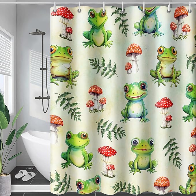 AILONEN Cute Frog Shower Curtain for Bathroom, Mushroom and Frog Bath Curtain,Amphibians Fungus Printed Waterproof Curtain with 12 Plastic Hooks,Green 72" W*96" H