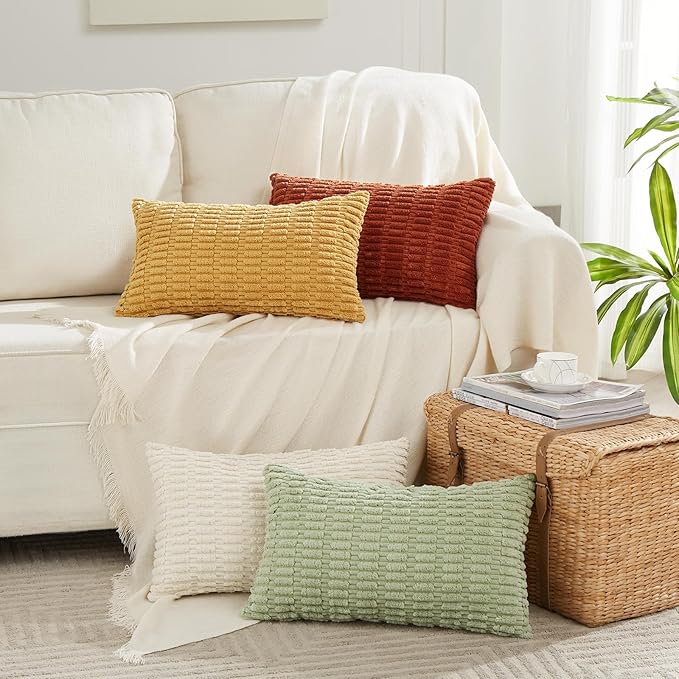 Fancy Homi 4 Packs Mustard Yellow Decorative Throw Pillow Covers 14x24 Inch for Couch Bed Sofa, Rustic Farmhouse Boho Home Decor, Soft Plush Striped Corduroy Square Cushion Case 35x60 cm