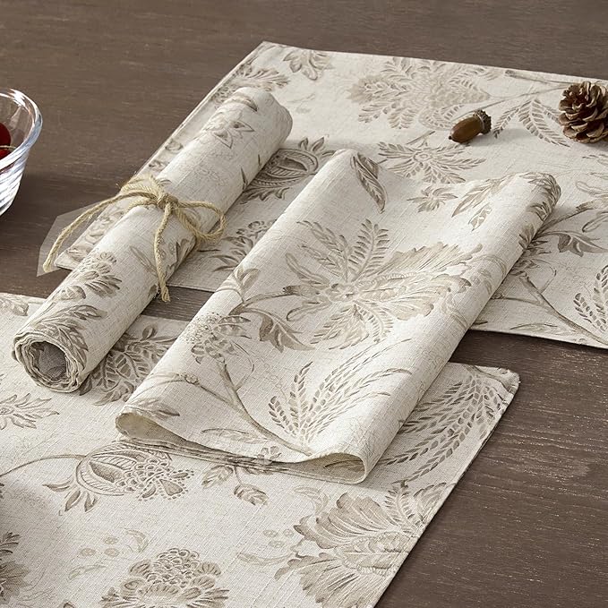 JINCHAN Linen Floral Fall Placemats Set of 4 Cloth Table Mats Rustic Cottagecore Jacobean Outdoor Seasonal for Kitchen Dining Table Decor Non-Slip Washable Tablemats 13x19 Inch Taupe