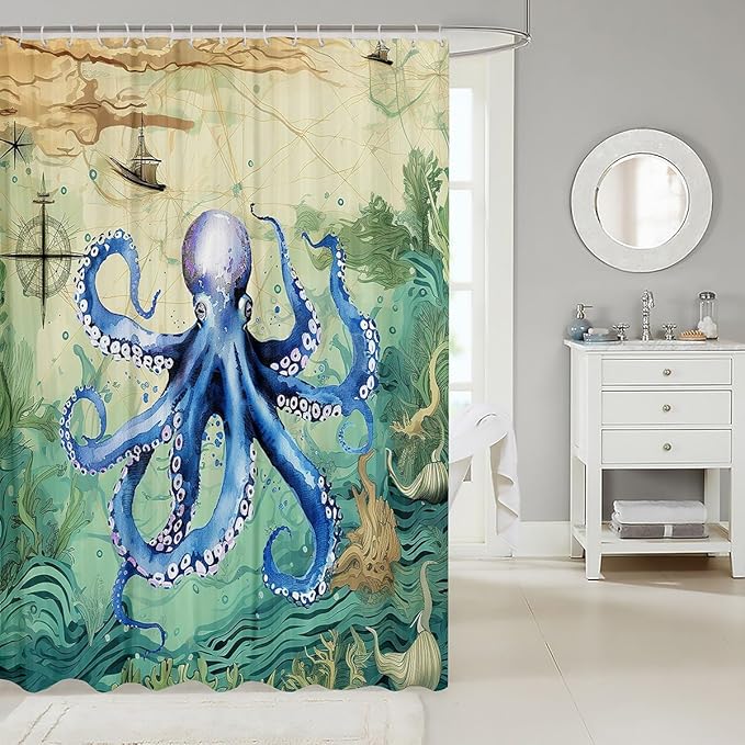 Feelyou Octopus Print Shower Curtain 72"x84" Kids Sailboat Printed Bathroom Shower Curtain Set for Boys Girls Teens Ocean Themed Bath Curtain Marine Life Sealife Bathroom Accessories