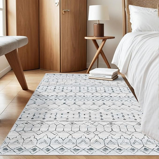Deerly 3x5 Area Rugs Boho Moroccan Farmhouse Washable Rugs Distressed Rug with Rubber Backing, Soft Low Pile Indoor Floor Carpet Neutral Rug for Entryway Kitchen Living Room, White/Dark Grey