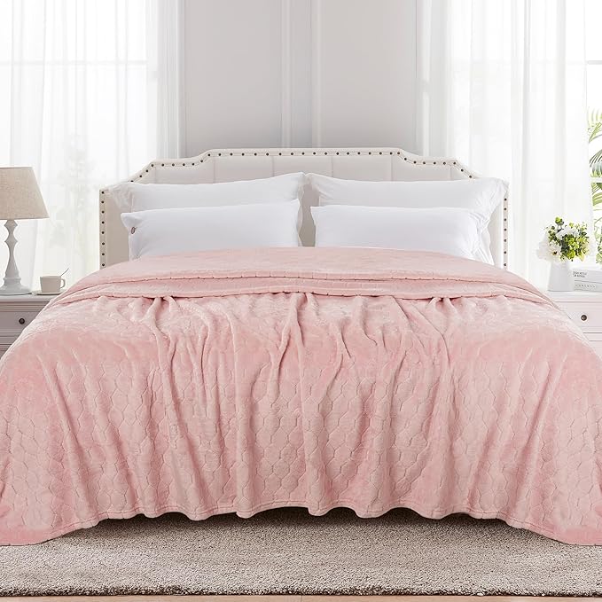 TOONOW Fleece Bed Blanket Queen Size 90x90 inches, Super Soft Fluffy Fuzzy Plush Blanket Geometric Pattern Cozy Microfiber Flannel Blankets for Couch, Bed, Sofa, Light Pink