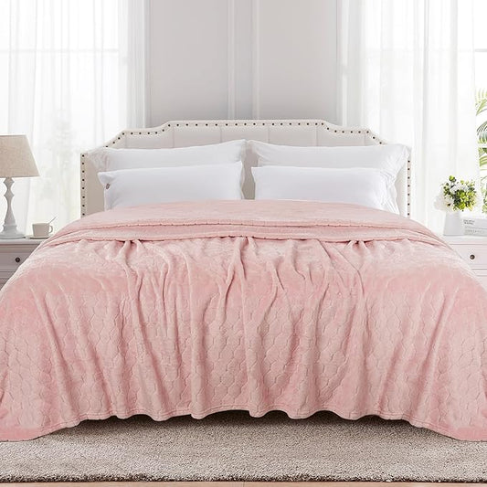 TOONOW Fleece Bed Blanket Queen Size 90x90 inches, Super Soft Fluffy Fuzzy Plush Blanket Geometric Pattern Cozy Microfiber Flannel Blankets for Couch, Bed, Sofa, Light Pink