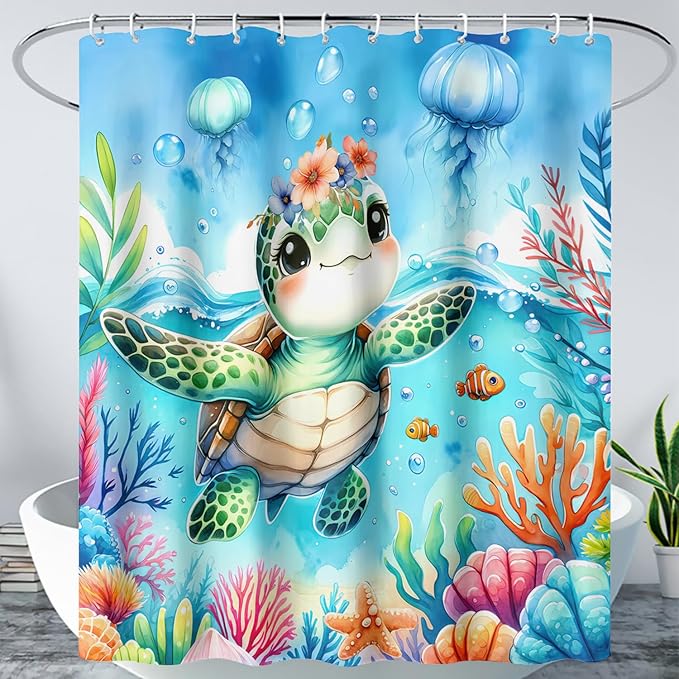 AILONEN Sea Turtle Shower Curtain for Bathroom,Cute Ocean Turtle Shower Curtain with 12 Plastic Hooks,Colorful Coral Jellyfish Print Bath Curtain Polyester Waterproof 72" W*78" H