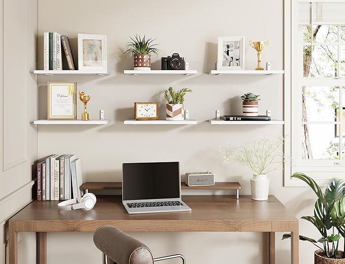 Fixwal Wood Floating Shelves for Wall Decor, Wall Shelves Set of 6, Wall Mounted Floating Shelf for Bedroom Decor, Bathroom Storage, Farmhouse Shelf for Wall - White