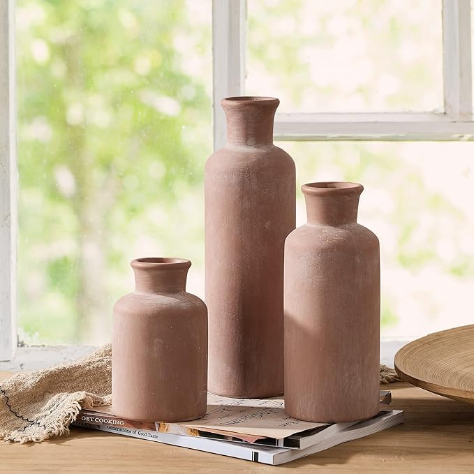 SIDUCAL Ceramic Rustic Farmhouse Vase Set of 3, Whitewashed Terracotta Vases, Clay Decorative Vases for Home Decor, Living Room, Shelf, Mantel Decoration(Brick-red)