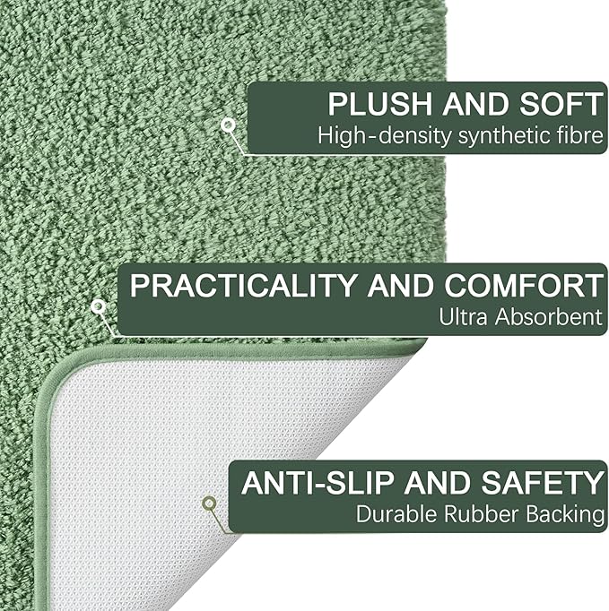 AROGAN Luxury Long Bathroom Runner Rug, 24x36 Inch Thick Soft and Absorbent Microfiber Non Slip Bath Mat, Rubber Backing Quick Dry Rugs Carpets, Machine Washable Plush Mats for Shower Floor, Green