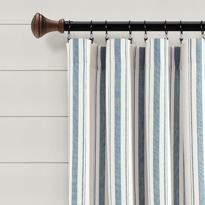 Lush Decor Farmhouse Stripe Yarn Dyed Cotton Window Curtain Panel Pair, 42" W x 84" L, Blue - Classic Modern Rustic Charm - Eco Friendly Cotton Fabric, Rod Pocket, Farmhouse stripe